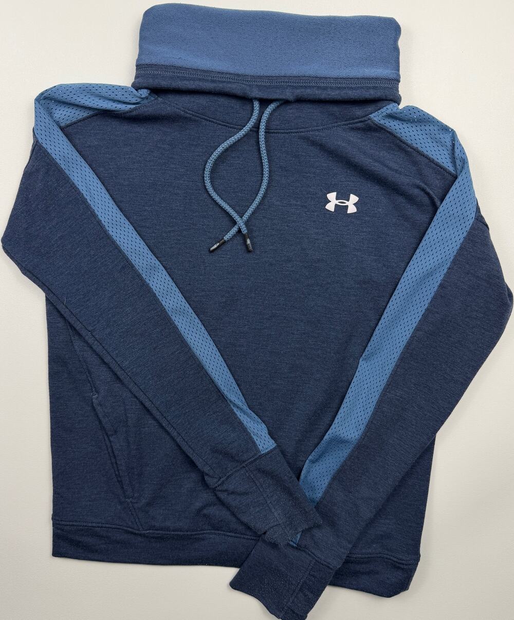 Under Armour Women’s XS Tech Terry Funnel Neck Hoodie Blue Mesh Thumbholes